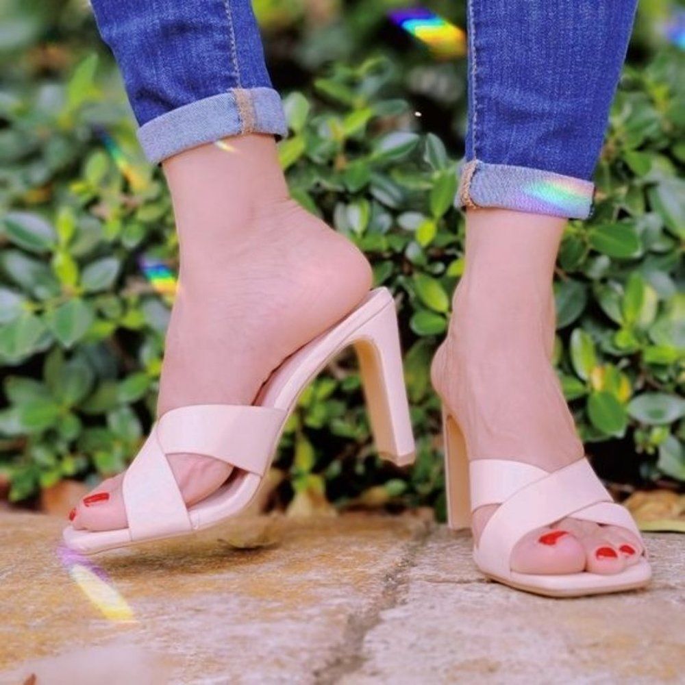 Pink Square Toe Slip On Sandals for Women Chunky Heel Comfort Shoes